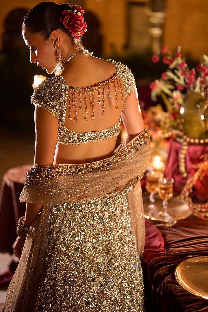 Antique Gold Net Sequins Embroidered Bridal Lehenga Set by Seema Gujral at Pernia's Pop Up Shop