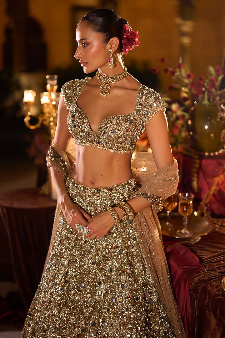 Antique Gold Net Sequins Embroidered Bridal Lehenga Set by Seema Gujral at Pernia's Pop Up Shop