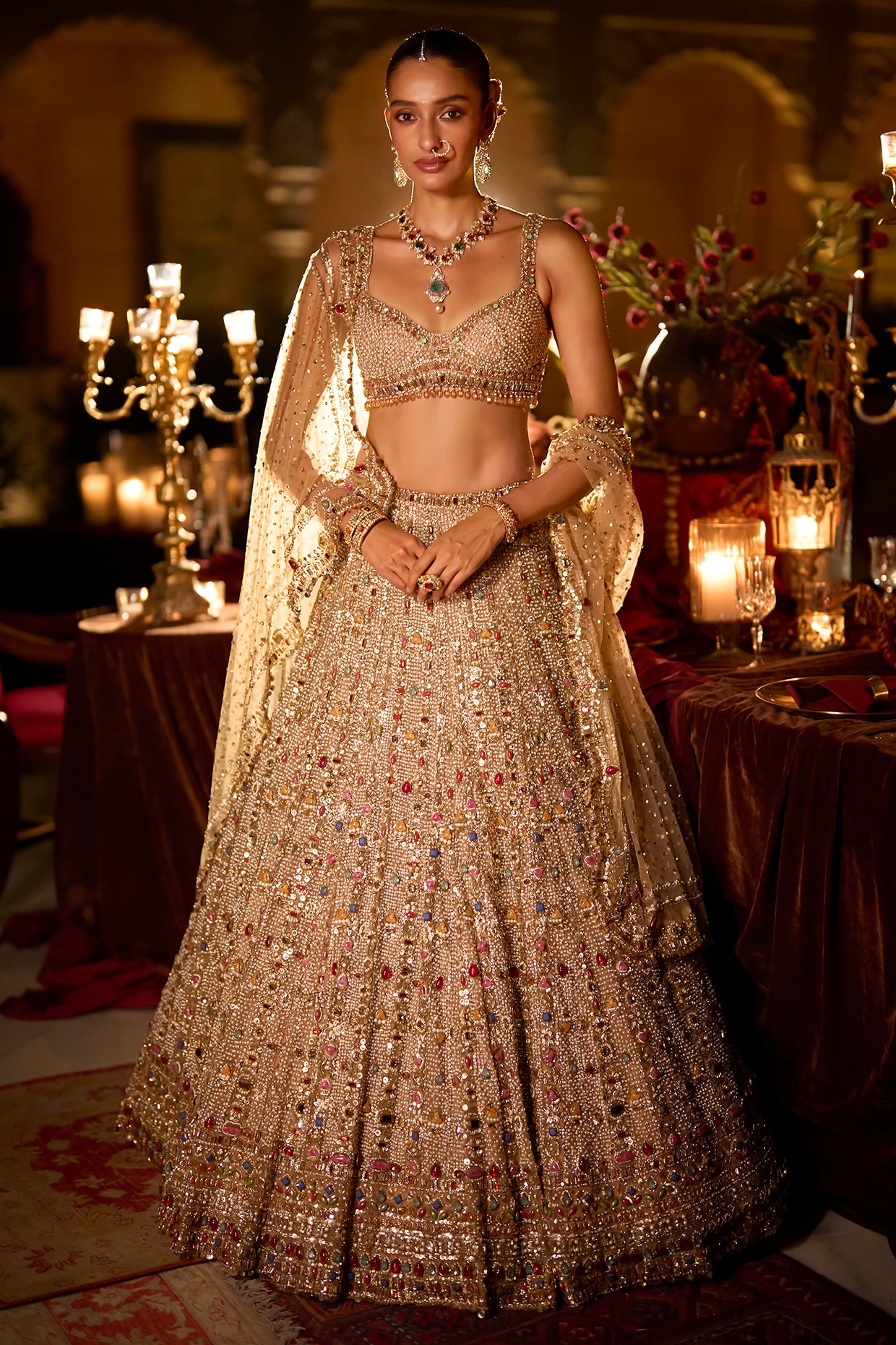Seema Gujral Multi-Colored Net Bugle Beads Embroidered Lehenga Set