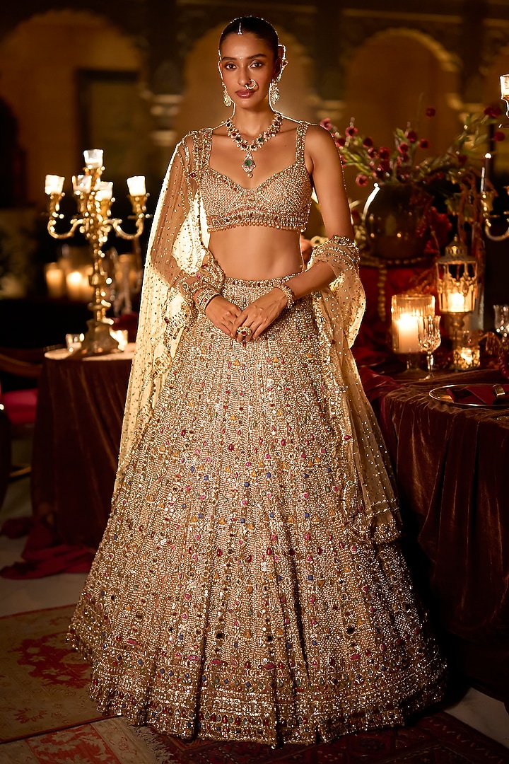 Multi-Colored Net Bugle Beads Embroidered Bridal Lehenga Set by Seema Gujral at Pernia's Pop Up Shop