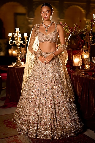 Multi-Colored Net Bugle Beads Embroidered Lehenga Set by Seema Gujral