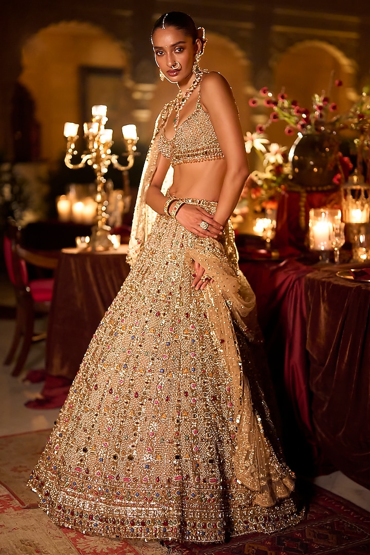 Multi-Colored Net Bugle Beads Embroidered Bridal Lehenga Set by Seema Gujral at Pernia's Pop Up Shop