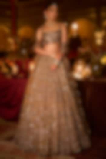 Antique Gold Tissue Organza Bugle Beads Embroidered Bridal Lehenga Set by Seema Gujral at Pernia's Pop Up Shop