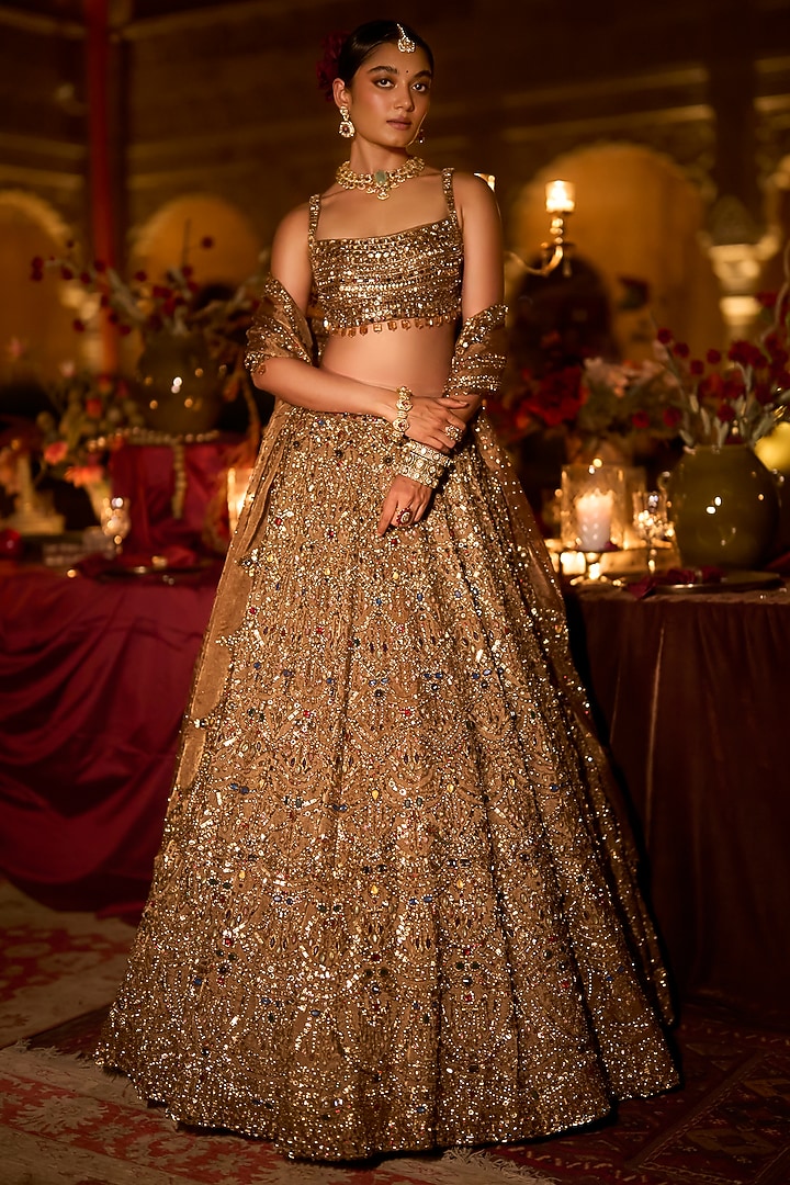 Antique Gold Tissue Organza Bugle Beads Embroidered Bridal Lehenga Set by Seema Gujral at Pernia's Pop Up Shop