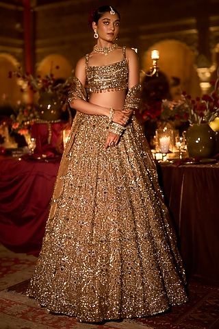 Antique Gold Tissue Organza Bugle Beads Embroidered Lehenga Set by Seema Gujral