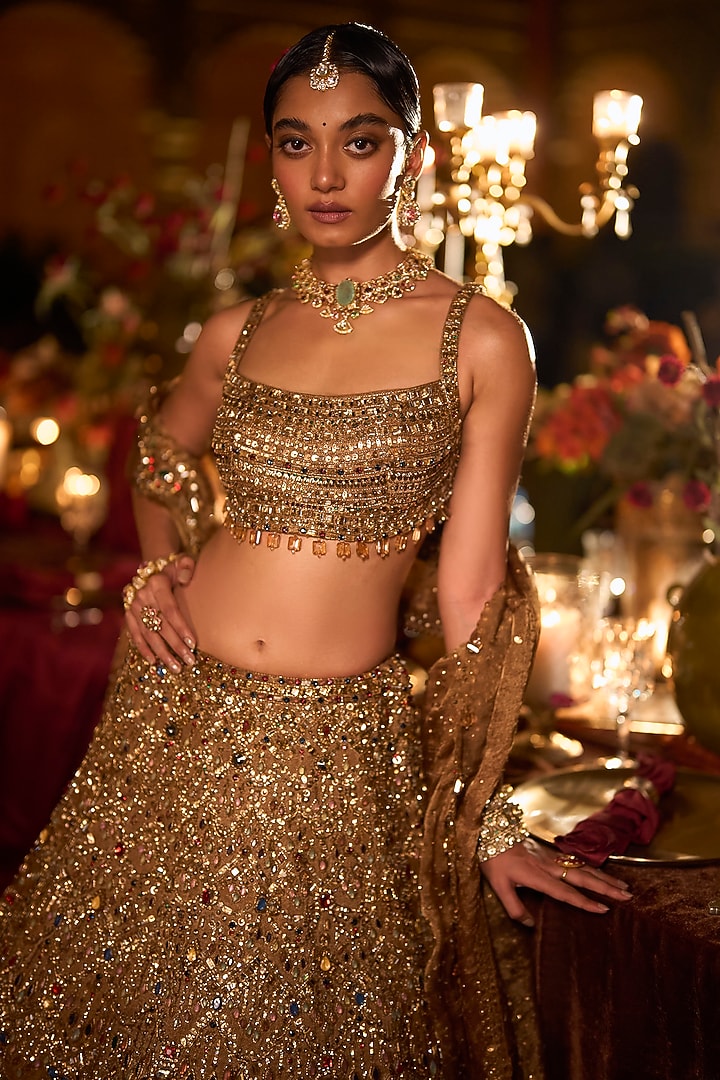 Antique Gold Tissue Organza Bugle Beads Embroidered Bridal Lehenga Set by Seema Gujral at Pernia's Pop Up Shop