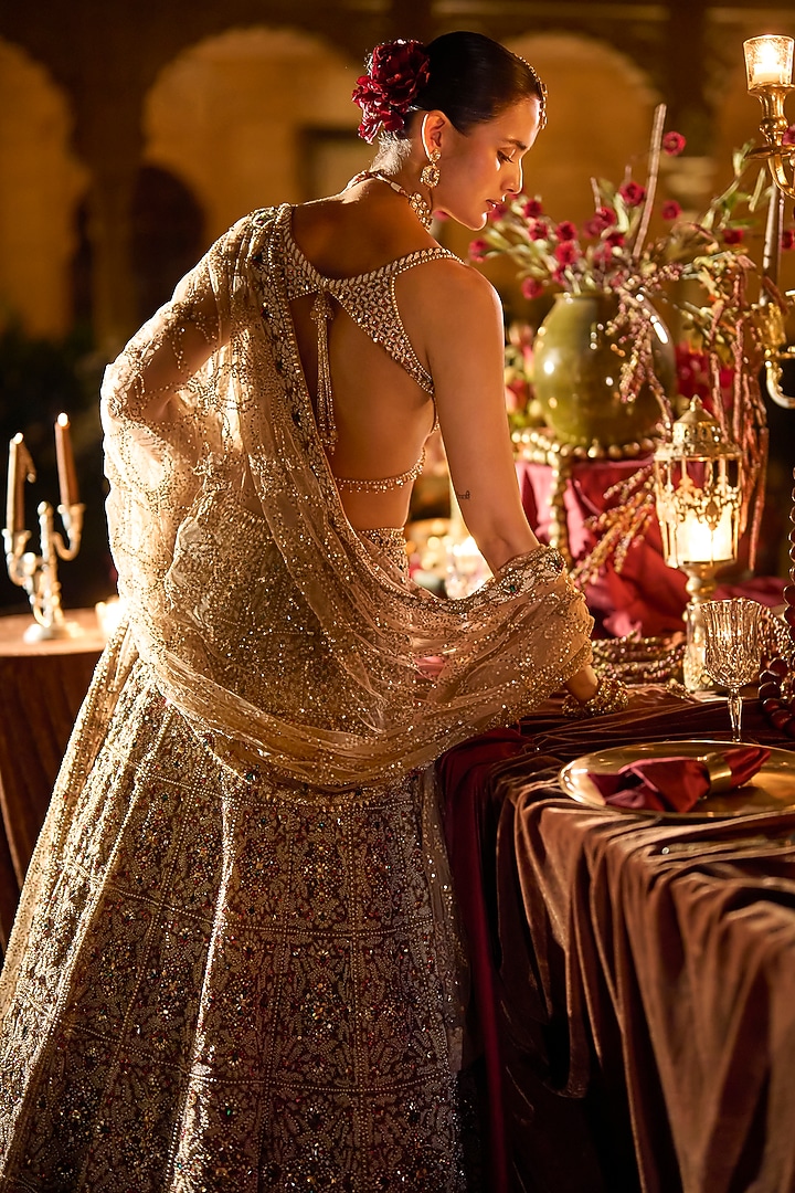 Ruby & Emerald Green Net Sequins Embroidered Bridal Lehenga Set by Seema Gujral at Pernia's Pop Up Shop