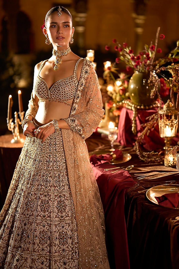 Ruby & Emerald Green Net Sequins Embroidered Bridal Lehenga Set by Seema Gujral at Pernia's Pop Up Shop