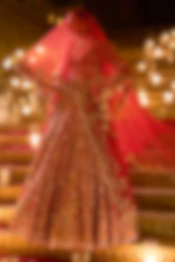 Red Raw Silk Zardosi Embroidered Bridal Lehenga Set by Seema Gujral at Pernia's Pop Up Shop