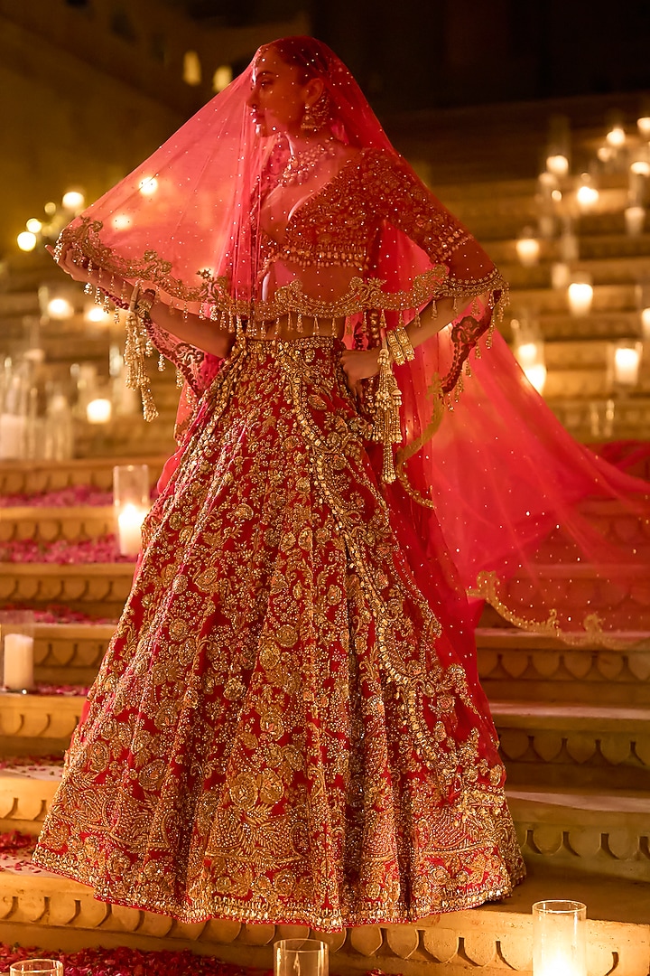 Red Raw Silk Zardosi Embroidered Bridal Lehenga Set by Seema Gujral at Pernia's Pop Up Shop