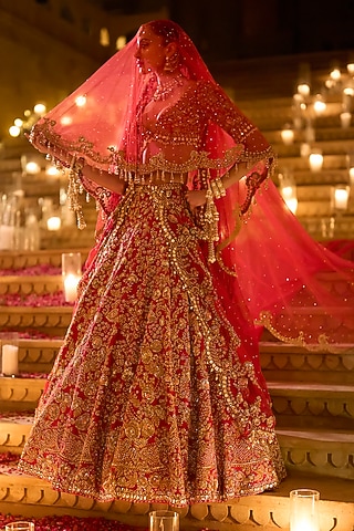 Red Raw Silk Zardosi Embroidered Lehenga Set by Seema Gujral