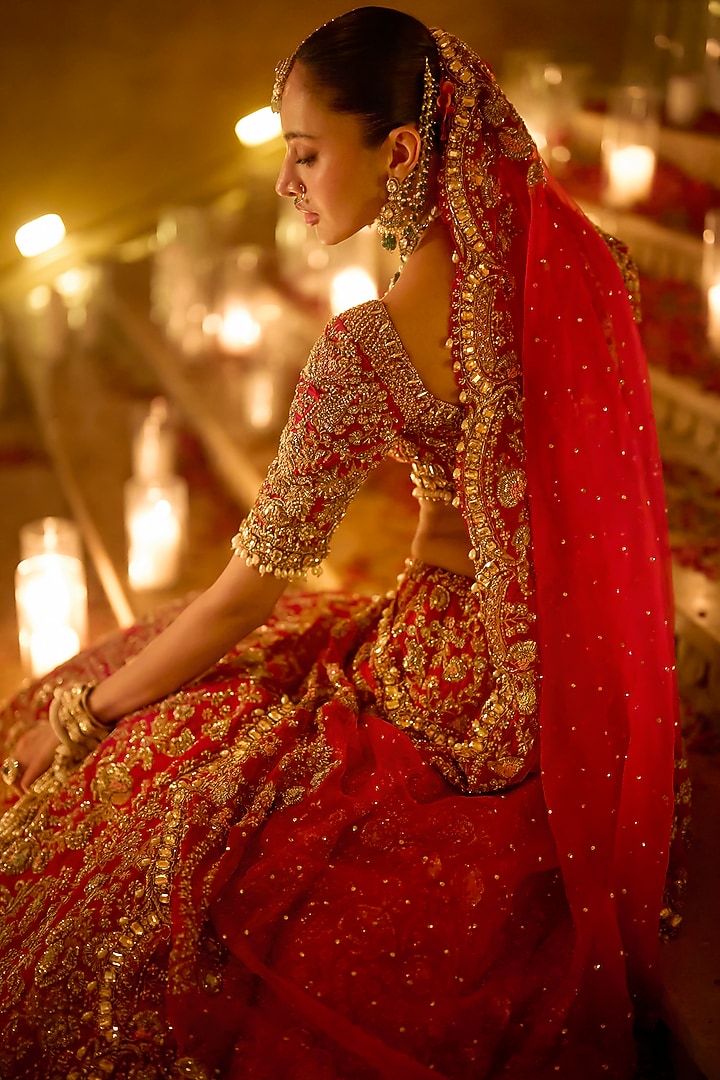 Red Raw Silk Zardosi Embroidered Bridal Lehenga Set by Seema Gujral at Pernia's Pop Up Shop