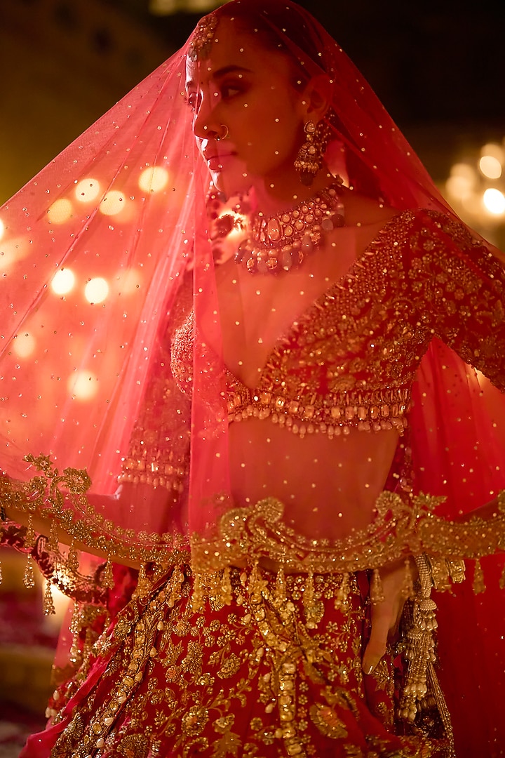 Red Raw Silk Zardosi Embroidered Bridal Lehenga Set by Seema Gujral at Pernia's Pop Up Shop