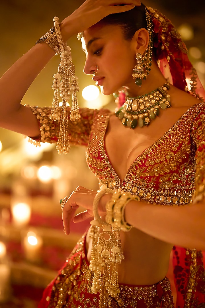Red Raw Silk Zardosi Embroidered Bridal Lehenga Set by Seema Gujral at Pernia's Pop Up Shop