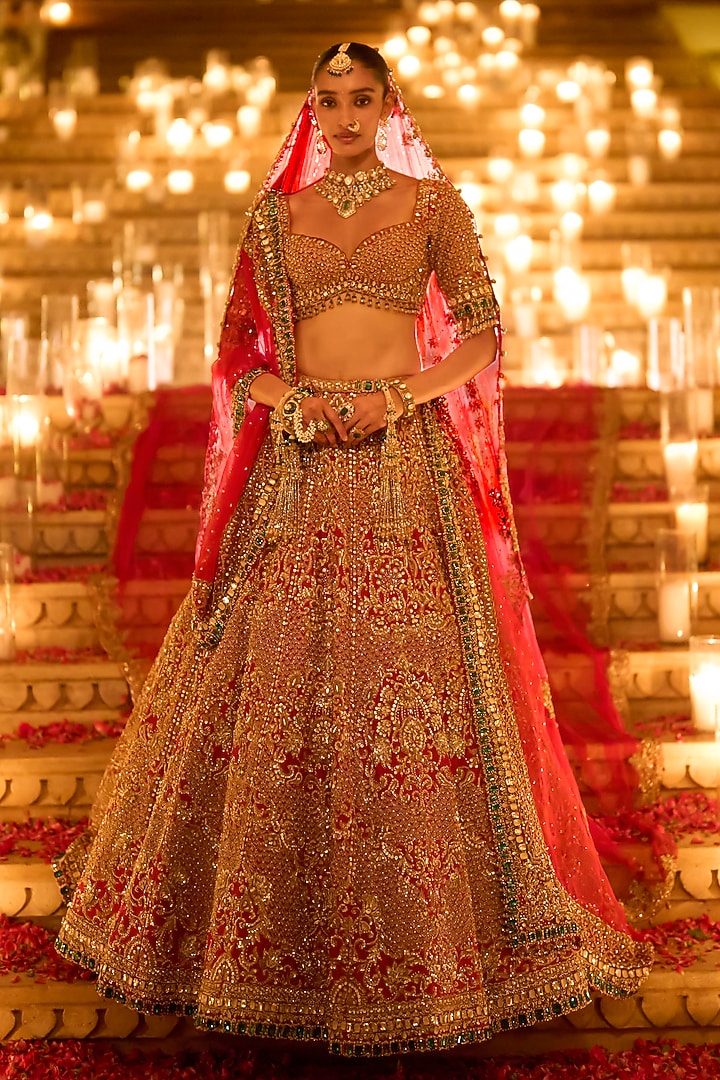 Red Raw Silk Zardosi Embroidered Bridal Lehenga Set by Seema Gujral at Pernia's Pop Up Shop
