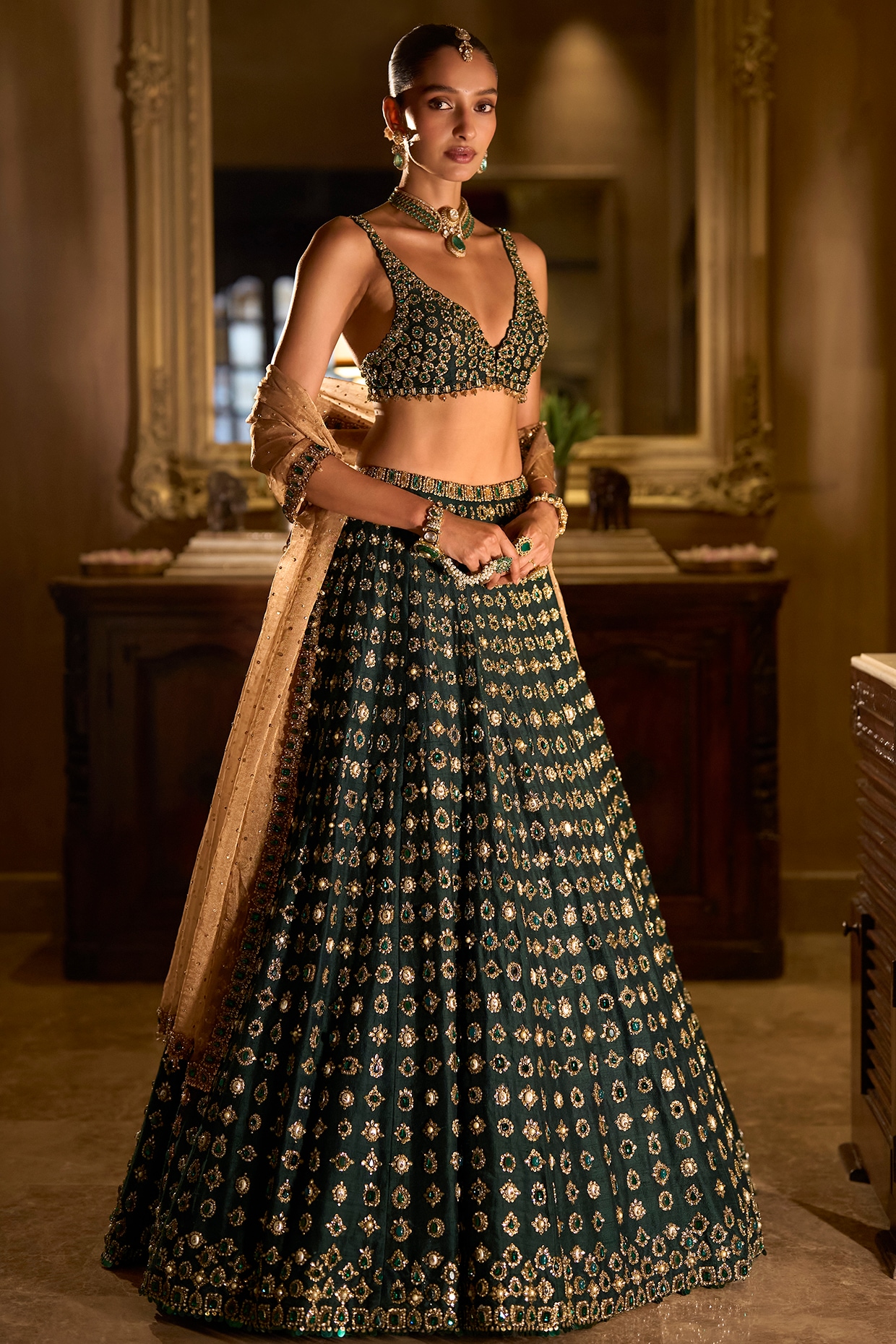 Seema Gujral Emerald Green Raw Silk Sequins Embroidered Lehenga Set