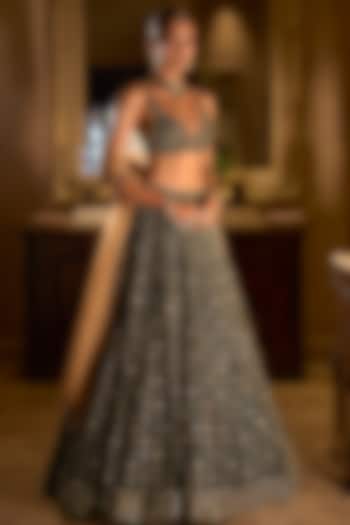 Emerald Green Raw Silk Sequins Embroidered Bridal Lehenga Set by Seema Gujral at Pernia's Pop Up Shop