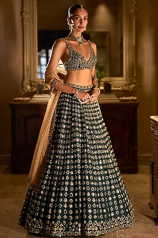 Emerald Green Raw Silk Sequins Embroidered Lehenga Set by Seema Gujral