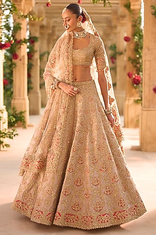 Nude & Gold Raw Silk Zari Embroidered Lehenga Set by Seema Gujral
