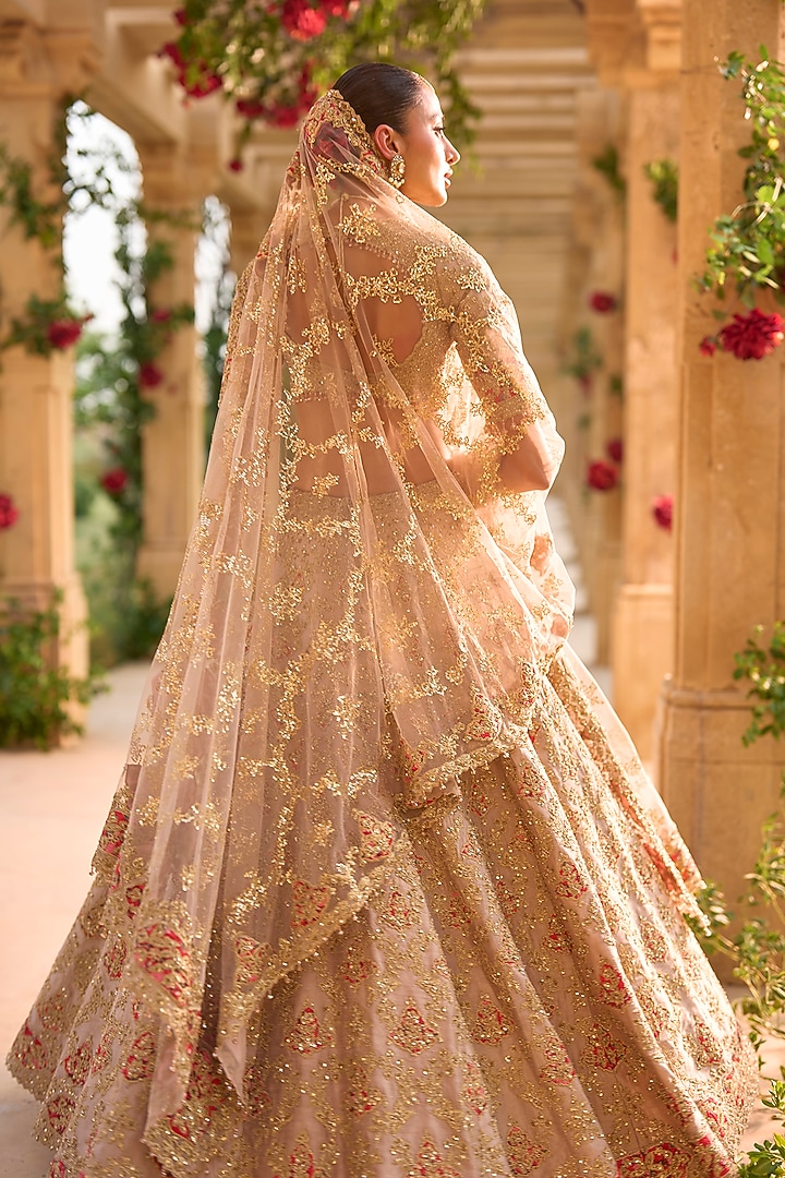 Nude & Gold Raw Silk Zari Embroidered Bridal Lehenga Set by Seema Gujral at Pernia's Pop Up Shop