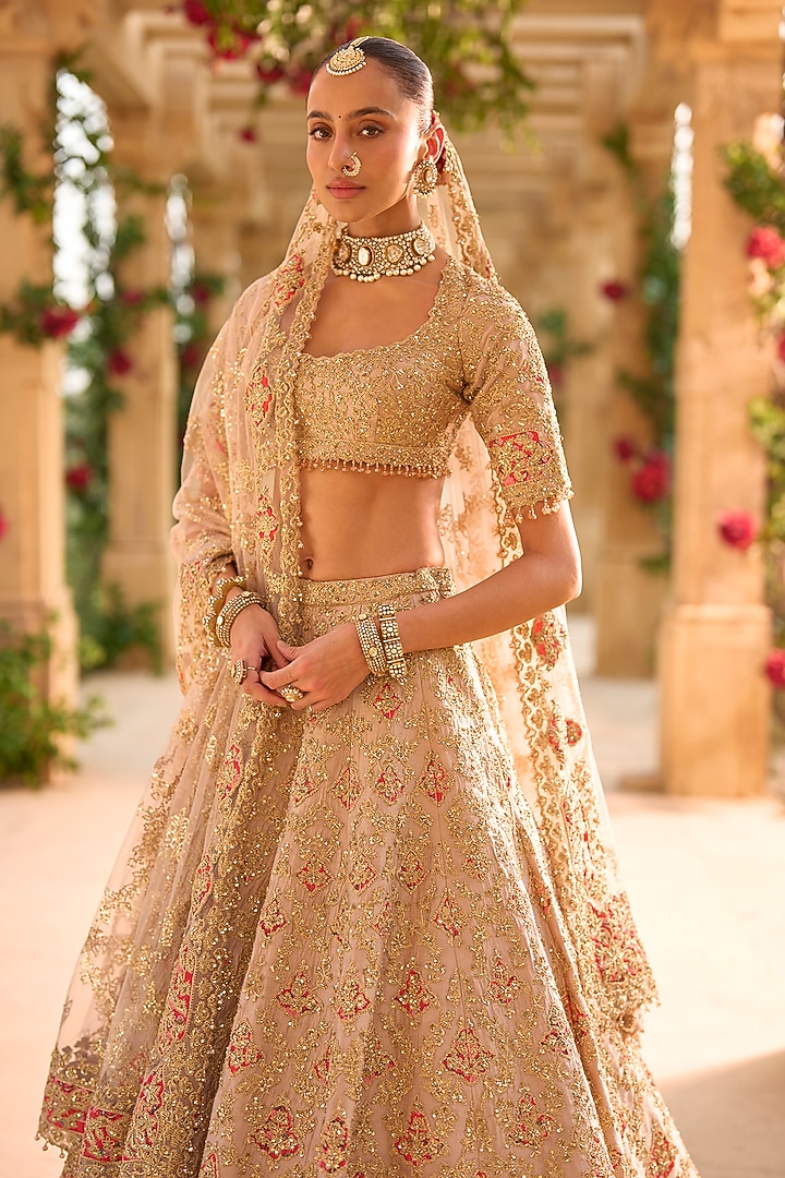 Nude & Gold Raw Silk Zari Embroidered Bridal Lehenga Set by Seema Gujral at Pernia's Pop Up Shop