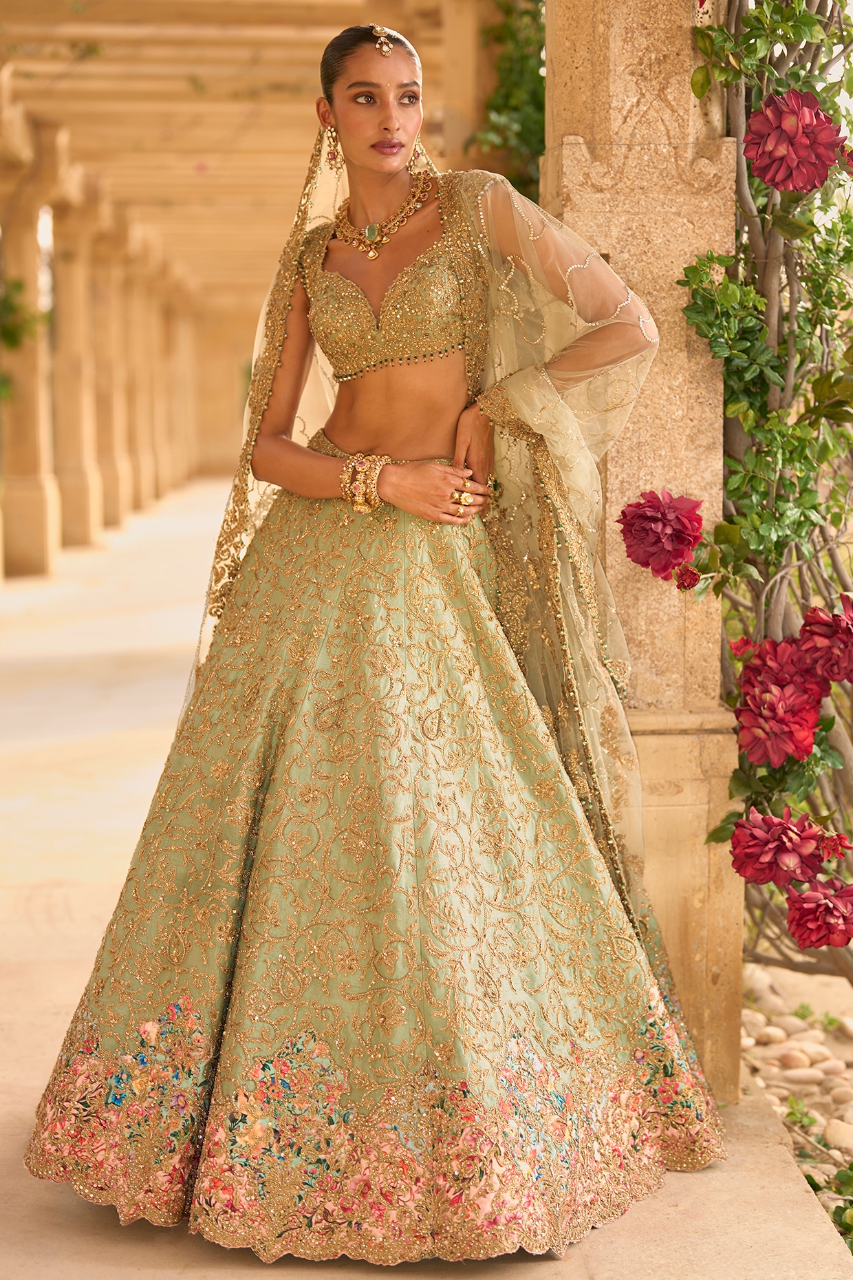 Seema Gujral Sage Green Raw Silk Zari Embroidered Lehenga Set