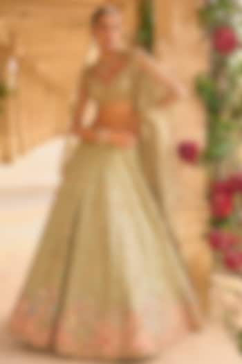 Sage Green Raw Silk Zari Embroidered Bridal Lehenga Set by Seema Gujral at Pernia's Pop Up Shop