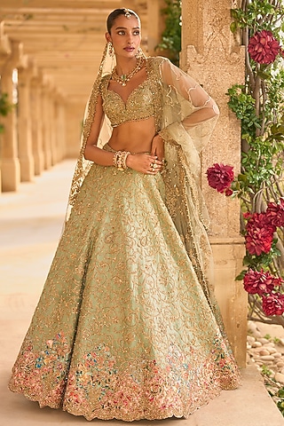 Sage Green Raw Silk Zari Embroidered Lehenga Set by Seema Gujral
