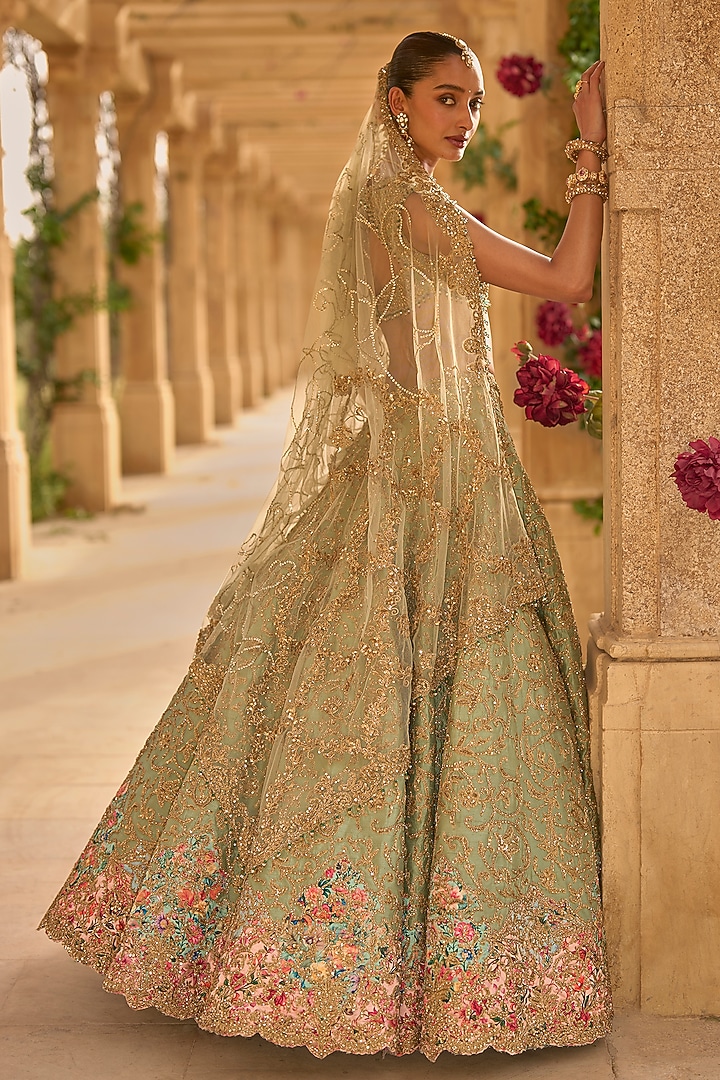 Sage Green Raw Silk Zari Embroidered Bridal Lehenga Set by Seema Gujral at Pernia's Pop Up Shop
