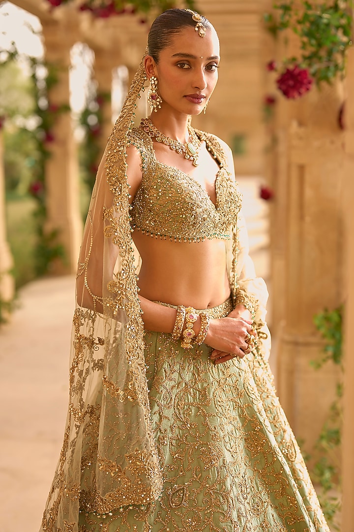Sage Green Raw Silk Zari Embroidered Bridal Lehenga Set by Seema Gujral at Pernia's Pop Up Shop