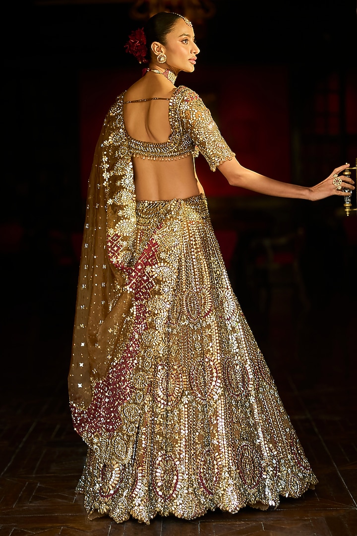 Maroon & Gold Organza Mirror Embroidered Bridal Lehenga Set by Seema Gujral at Pernia's Pop Up Shop