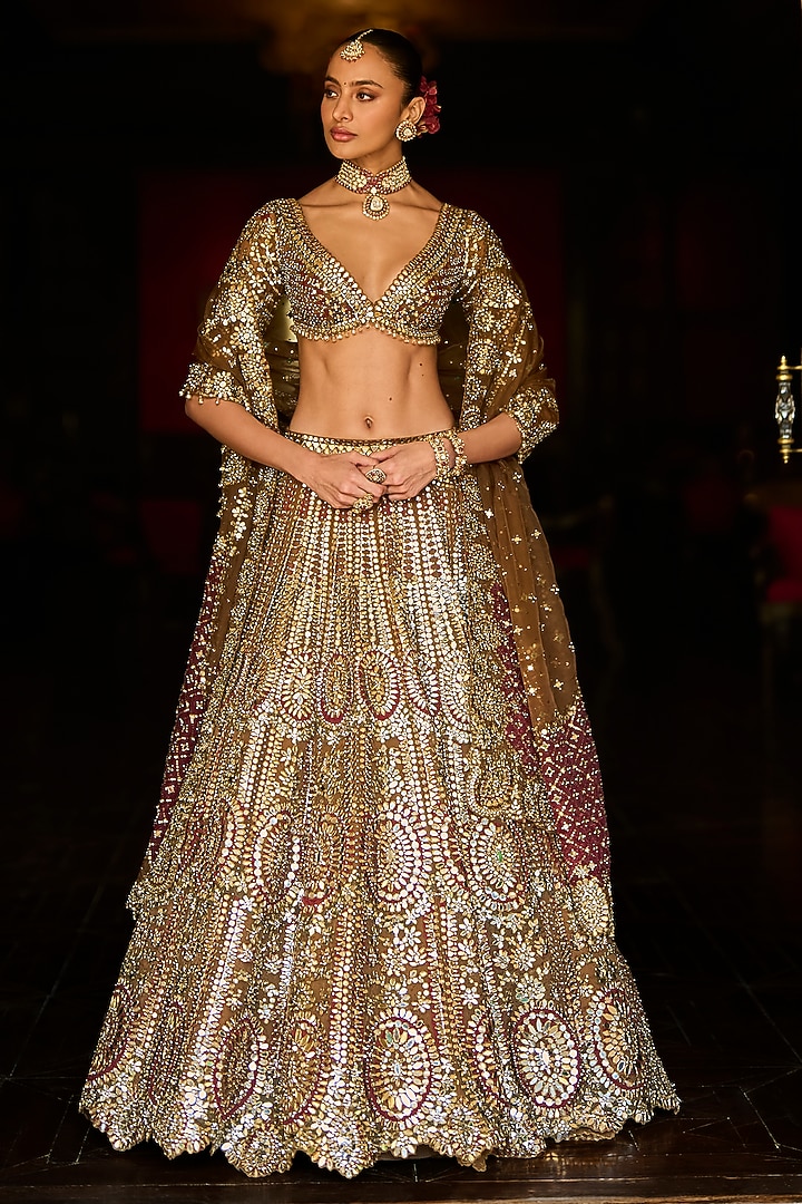 Maroon & Gold Organza Mirror Embroidered Bridal Lehenga Set by Seema Gujral at Pernia's Pop Up Shop