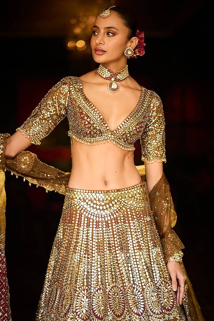 Maroon & Gold Organza Mirror Embroidered Bridal Lehenga Set by Seema Gujral at Pernia's Pop Up Shop