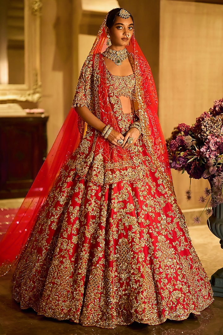 Red Raw Silk Sequins Embroidered Bridal Lehenga Set by Seema Gujral at Pernia's Pop Up Shop