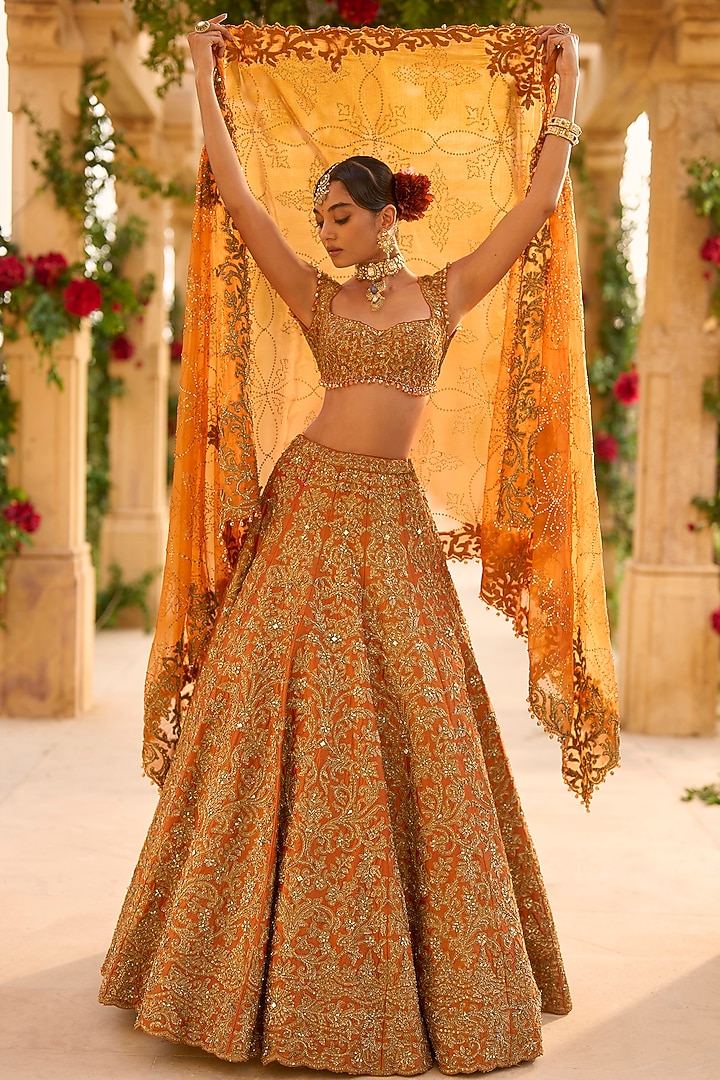 Rust Raw Silk Zardosi Embroidered Bridal Lehenga Set by Seema Gujral at Pernia's Pop Up Shop