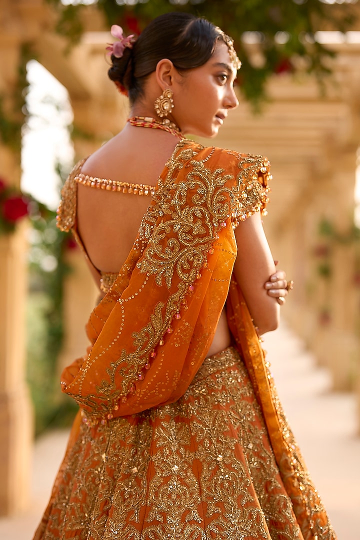 Rust Raw Silk Zardosi Embroidered Bridal Lehenga Set by Seema Gujral at Pernia's Pop Up Shop