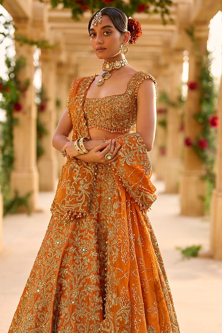 Rust Raw Silk Zardosi Embroidered Bridal Lehenga Set by Seema Gujral at Pernia's Pop Up Shop