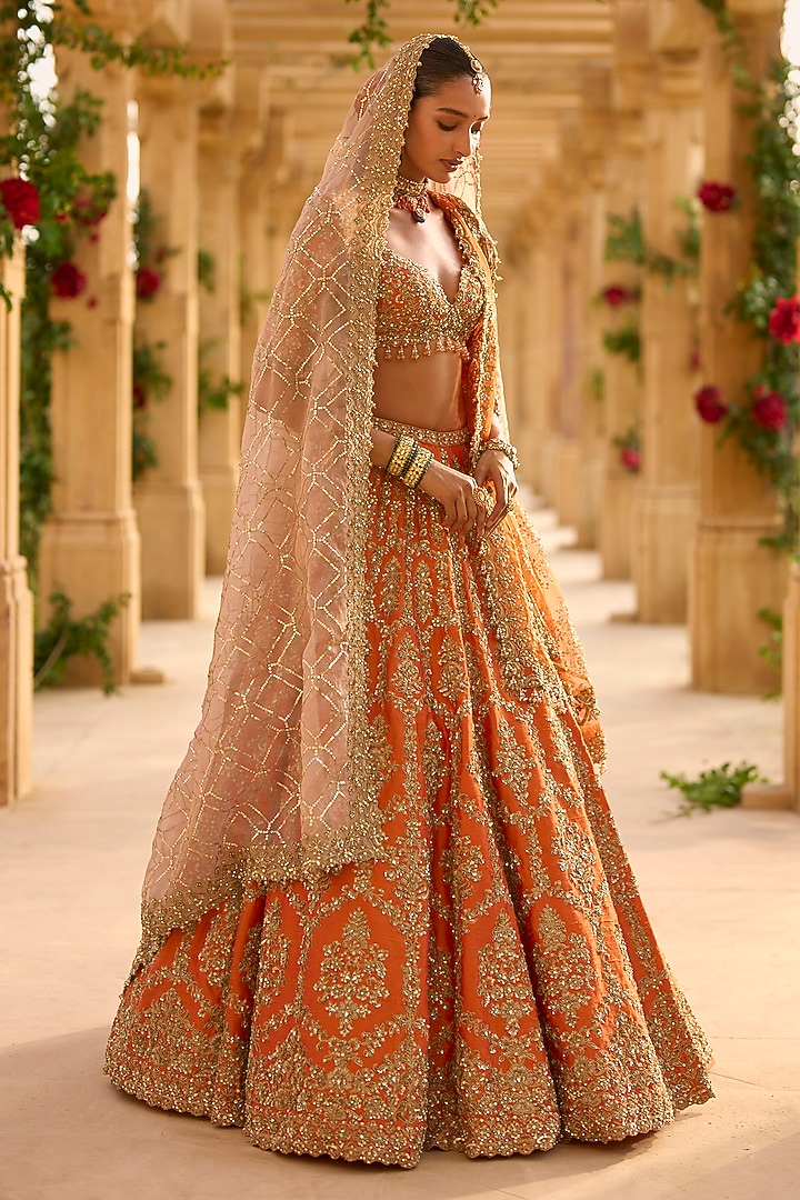 Burnt Orange Raw Silk Zardosi Embroidered Bridal Lehenga Set by Seema Gujral at Pernia's Pop Up Shop