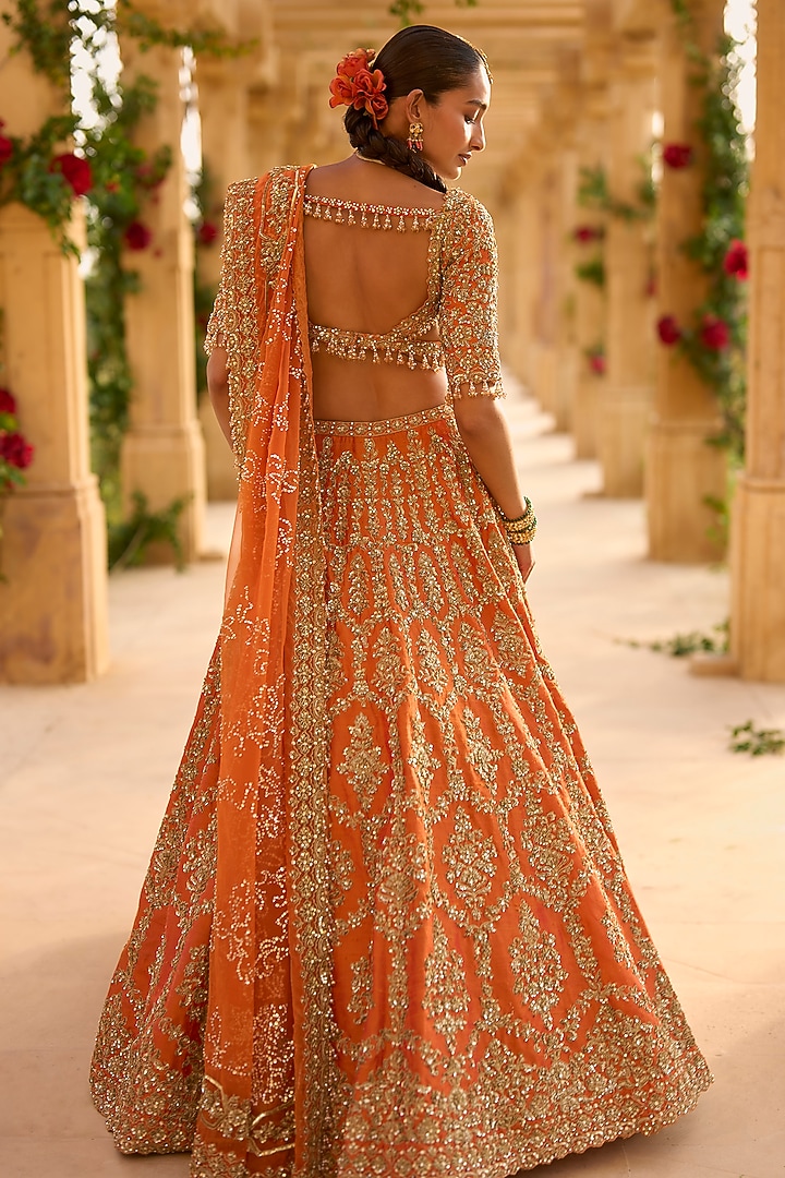 Burnt Orange Raw Silk Zardosi Embroidered Bridal Lehenga Set by Seema Gujral at Pernia's Pop Up Shop
