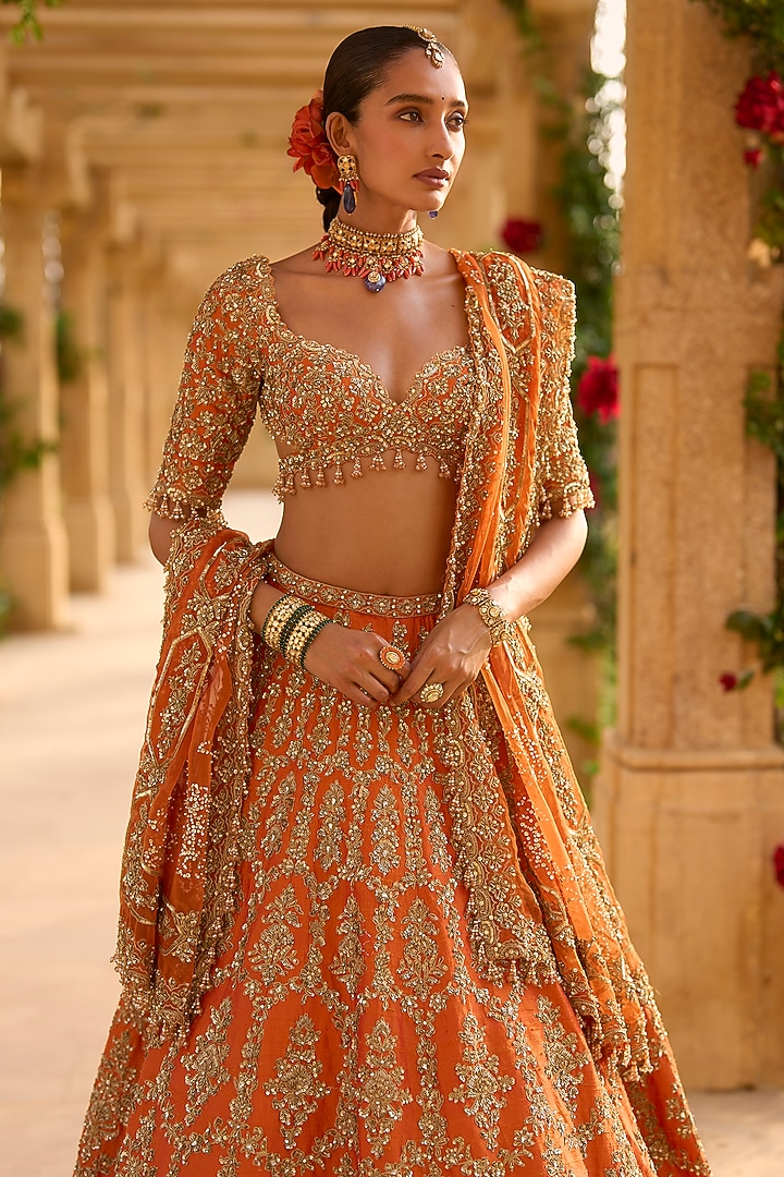 Burnt Orange Raw Silk Zardosi Embroidered Bridal Lehenga Set by Seema Gujral at Pernia's Pop Up Shop