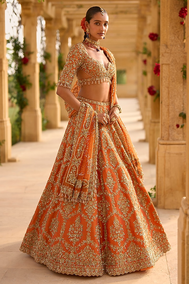 Burnt Orange Raw Silk Zardosi Embroidered Bridal Lehenga Set by Seema Gujral at Pernia's Pop Up Shop