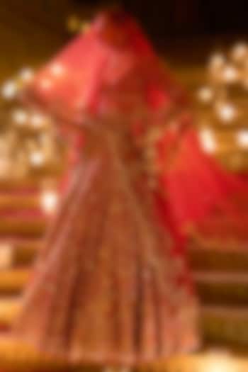 Red Raw Silk Zardosi Embroidered Bridal Lehenga Set by Seema Gujral at Pernia's Pop Up Shop