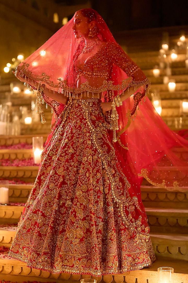 Red Raw Silk Zardosi Embroidered Bridal Lehenga Set by Seema Gujral at Pernia's Pop Up Shop