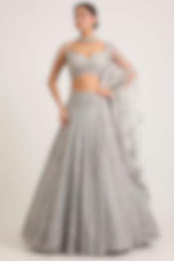 Silver Net Embroidered Bridal Bridal Lehenga Set by Seema Gujral at Pernia's Pop Up Shop
