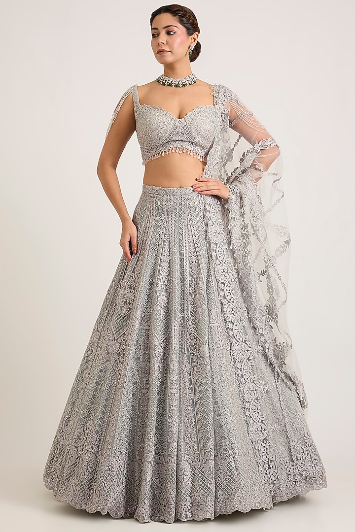 Silver Net Embroidered Bridal Bridal Lehenga Set by Seema Gujral at Pernia's Pop Up Shop