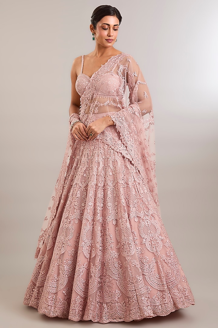 Coral Pink Net Bridal Lehenga Set by Seema Gujral at Pernia's Pop Up Shop