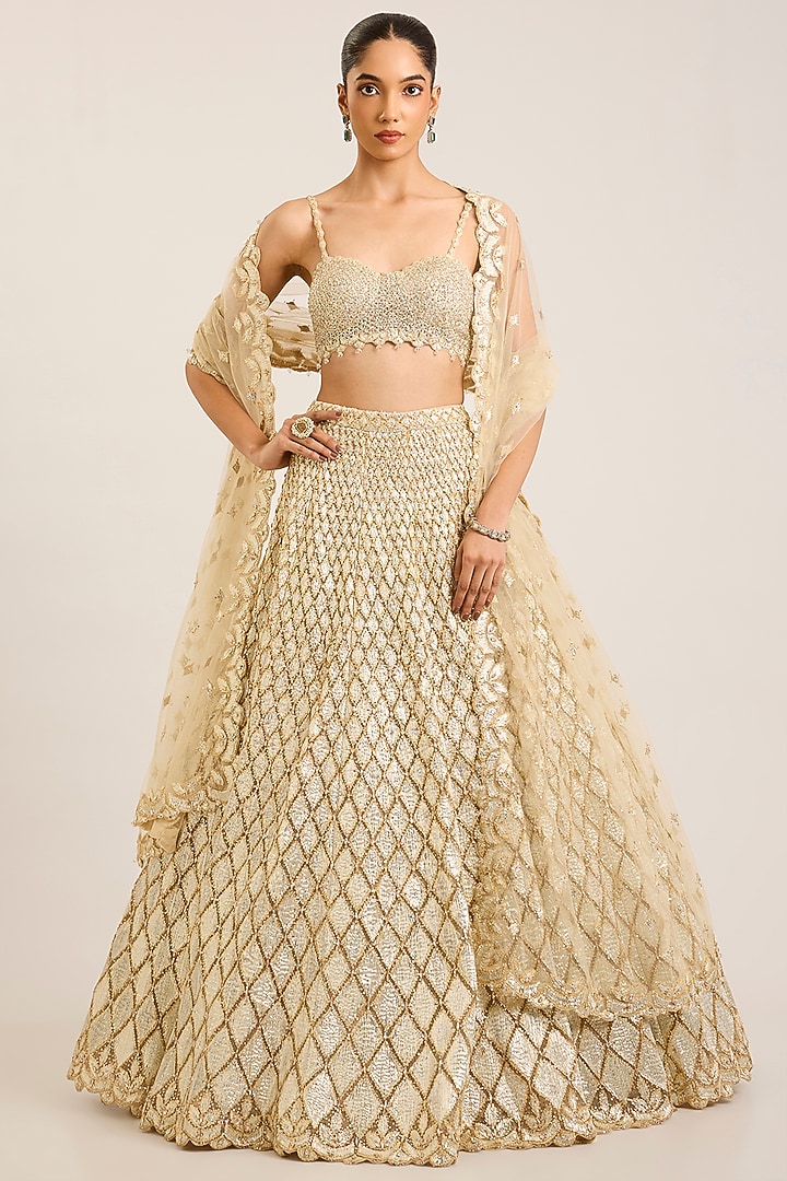 Champagne Net Embroidered Bridal Bridal Lehenga Set by Seema Gujral at Pernia's Pop Up Shop