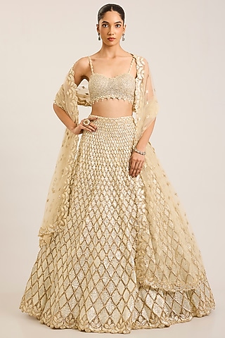 Champagne Net Embroidered Bridal Lehenga Set by Seema Gujral