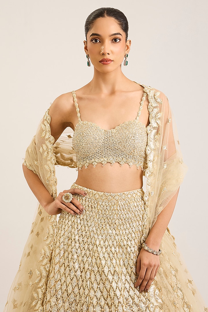 Champagne Net Embroidered Bridal Bridal Lehenga Set by Seema Gujral at Pernia's Pop Up Shop