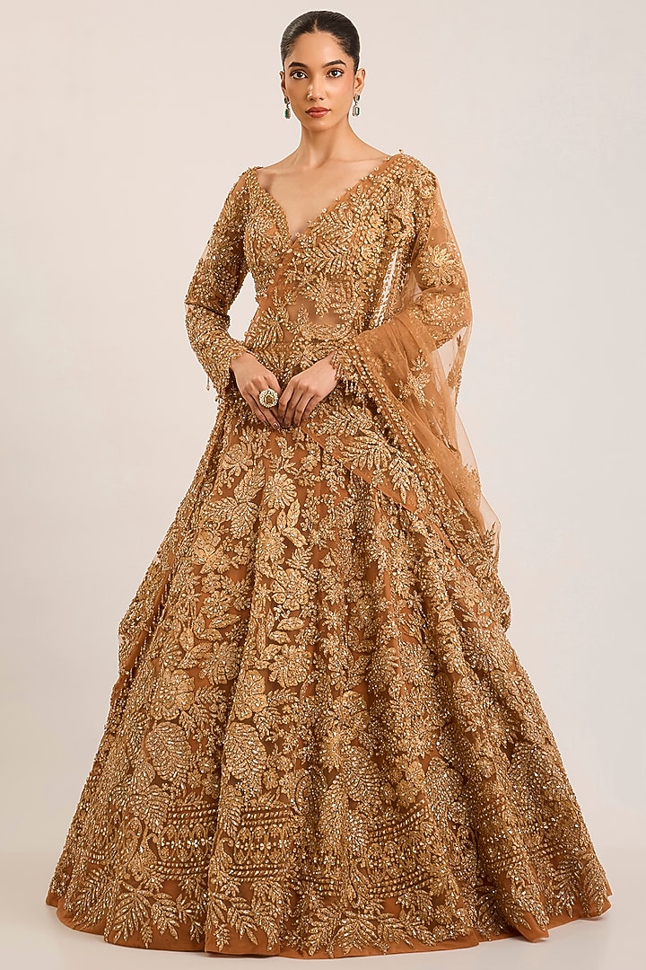 Metallic Gold Net Embroidered Bridal Bridal Lehenga Set by Seema Gujral at Pernia's Pop Up Shop